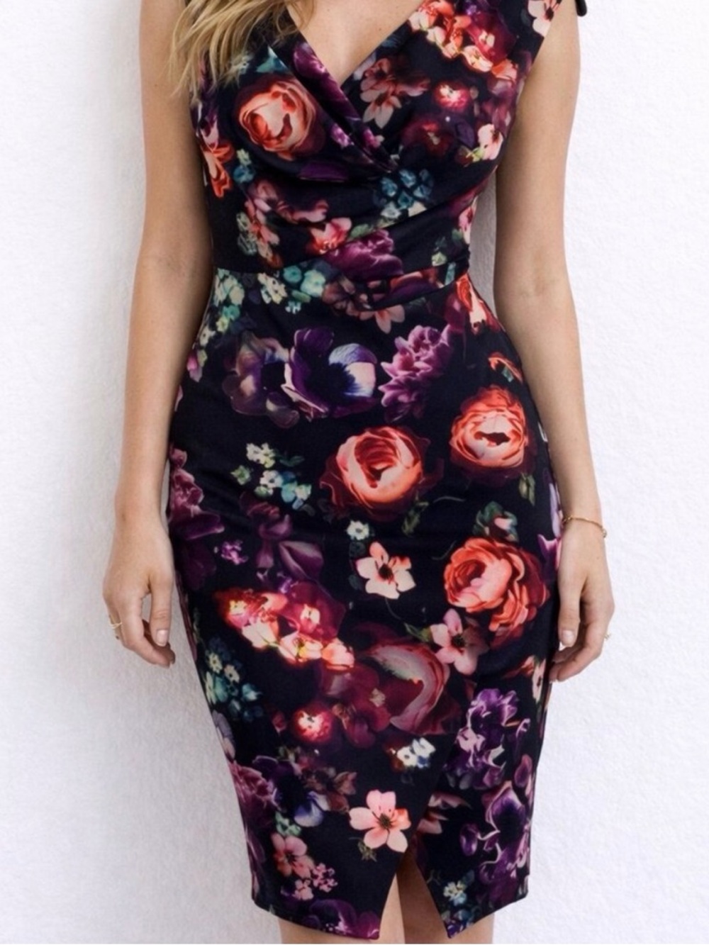 bar III Floral Sheath Dress in Black with Pink & Purple Blooms